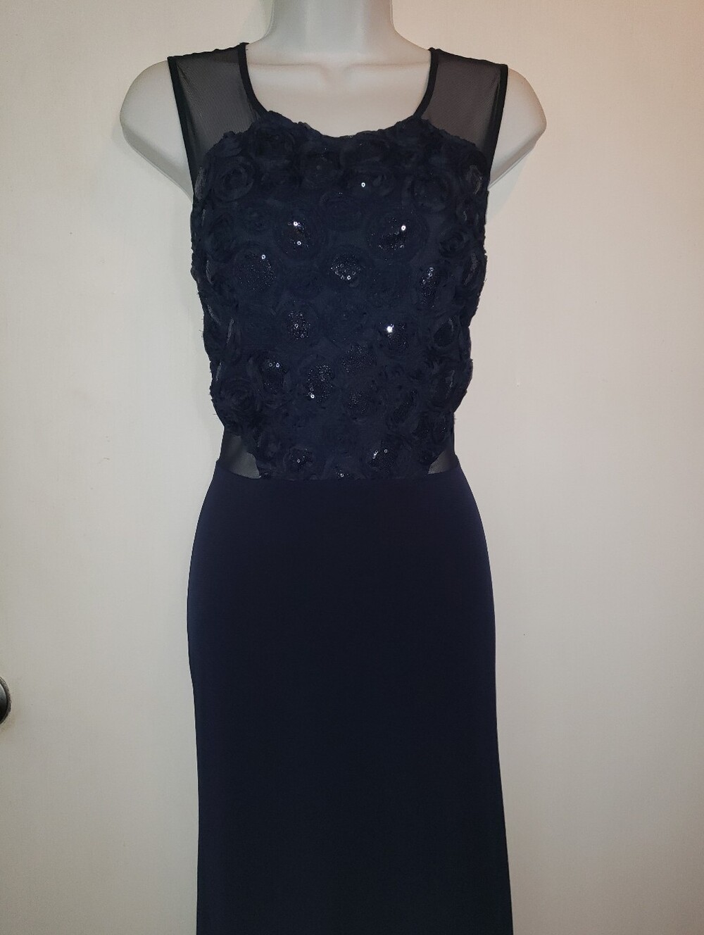 Enfocus Studio Navy Floral Appliqué Maxi with Sheer Yoke